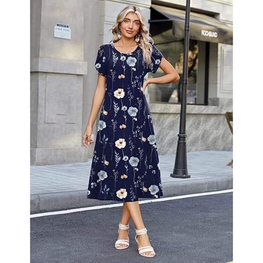 WomenNavy Floral Blend Crew-Neck A-Line Short Sleeve Flowy Dress Boho Sundress - Picture 2 of 6